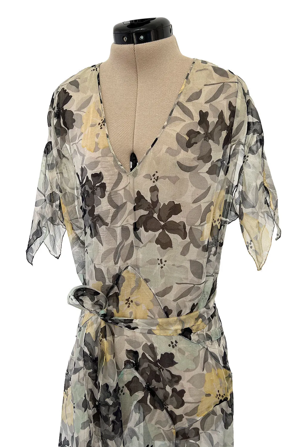Dreamy 1920s Unlabeled Feather Light Floral Print Silk Chiffon Dress w Jacket