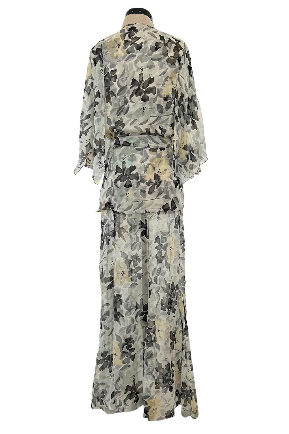 Dreamy 1920s Unlabeled Feather Light Floral Print Silk Chiffon Dress w Jacket