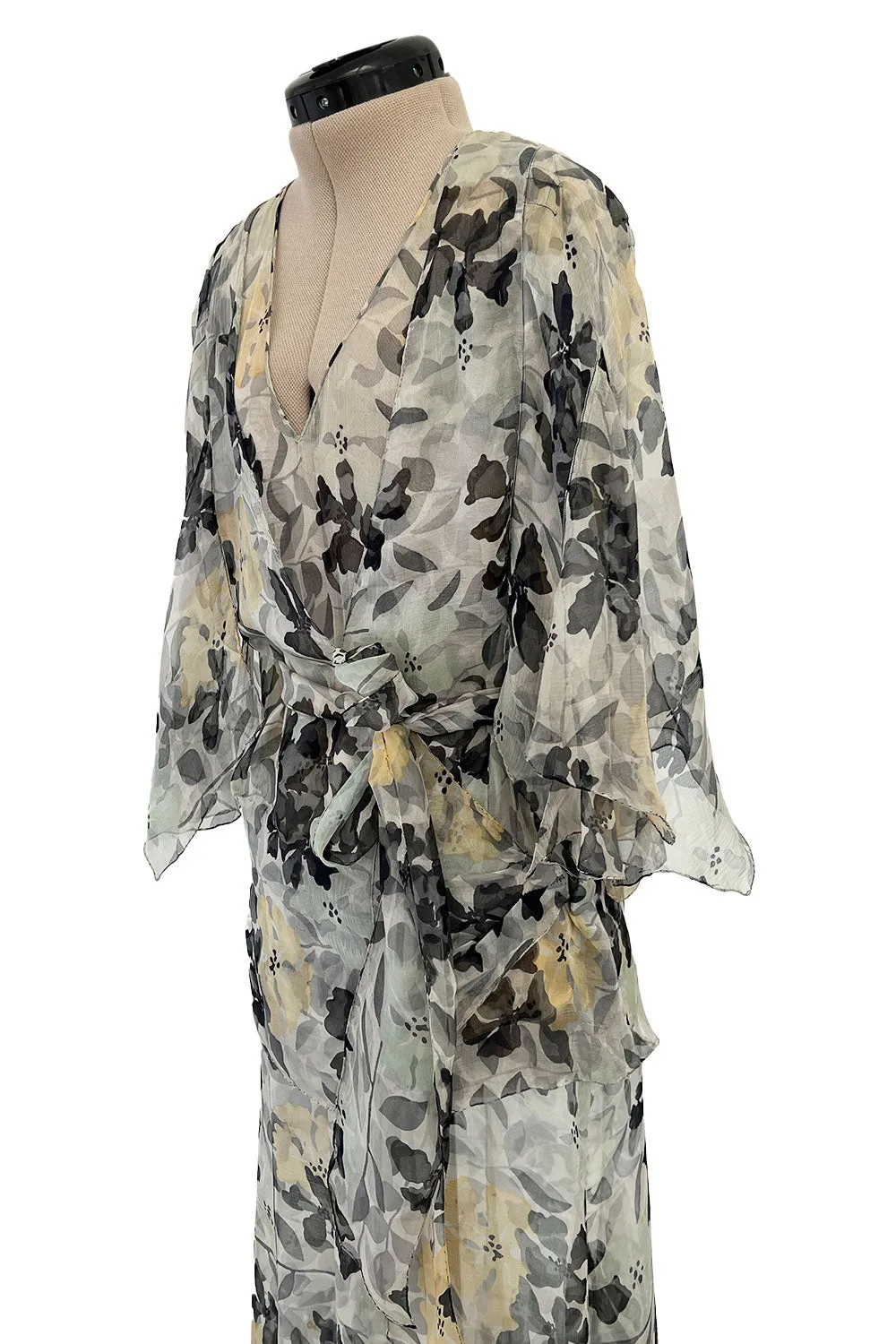 Dreamy 1920s Unlabeled Feather Light Floral Print Silk Chiffon Dress w Jacket