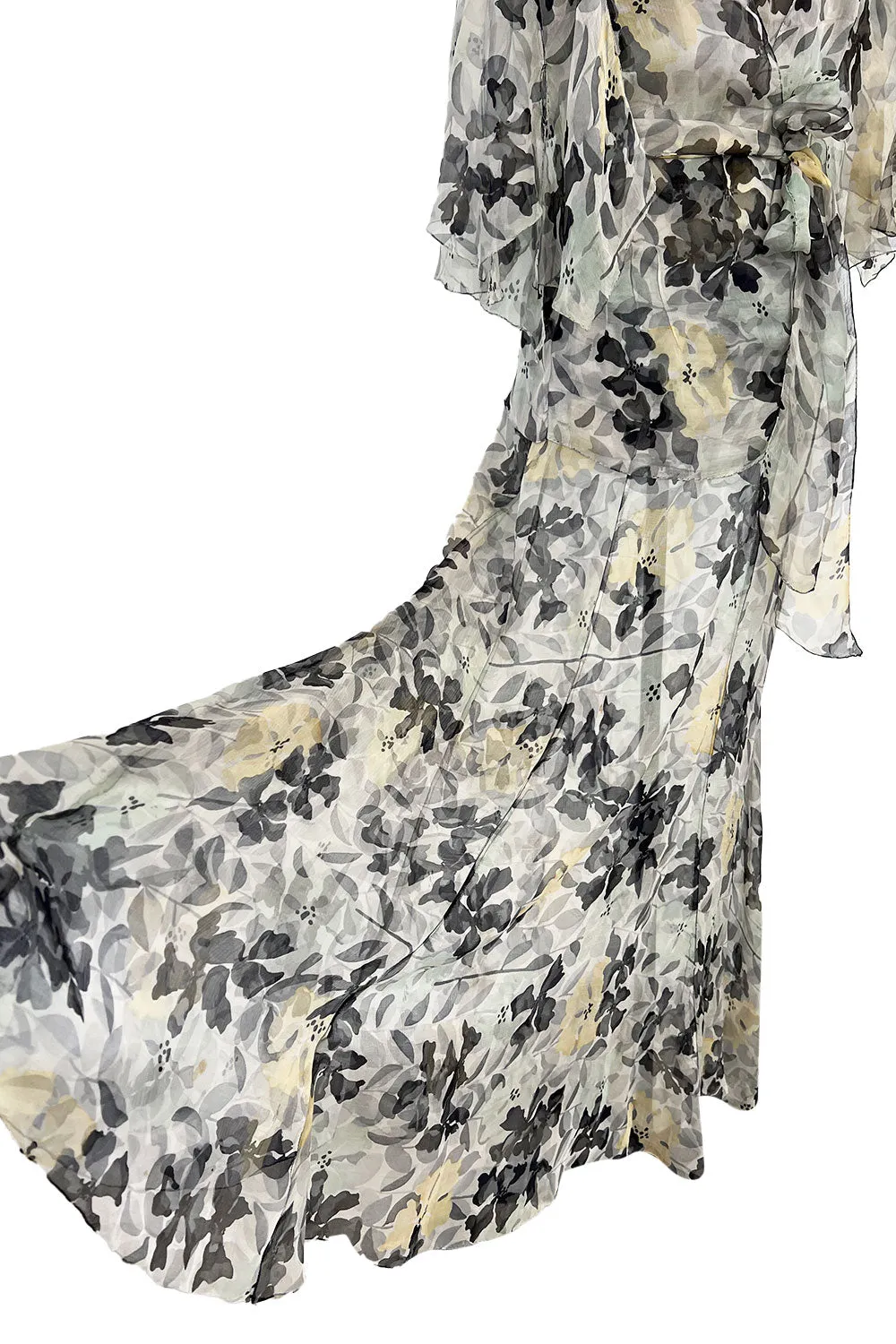 Dreamy 1920s Unlabeled Feather Light Floral Print Silk Chiffon Dress w Jacket