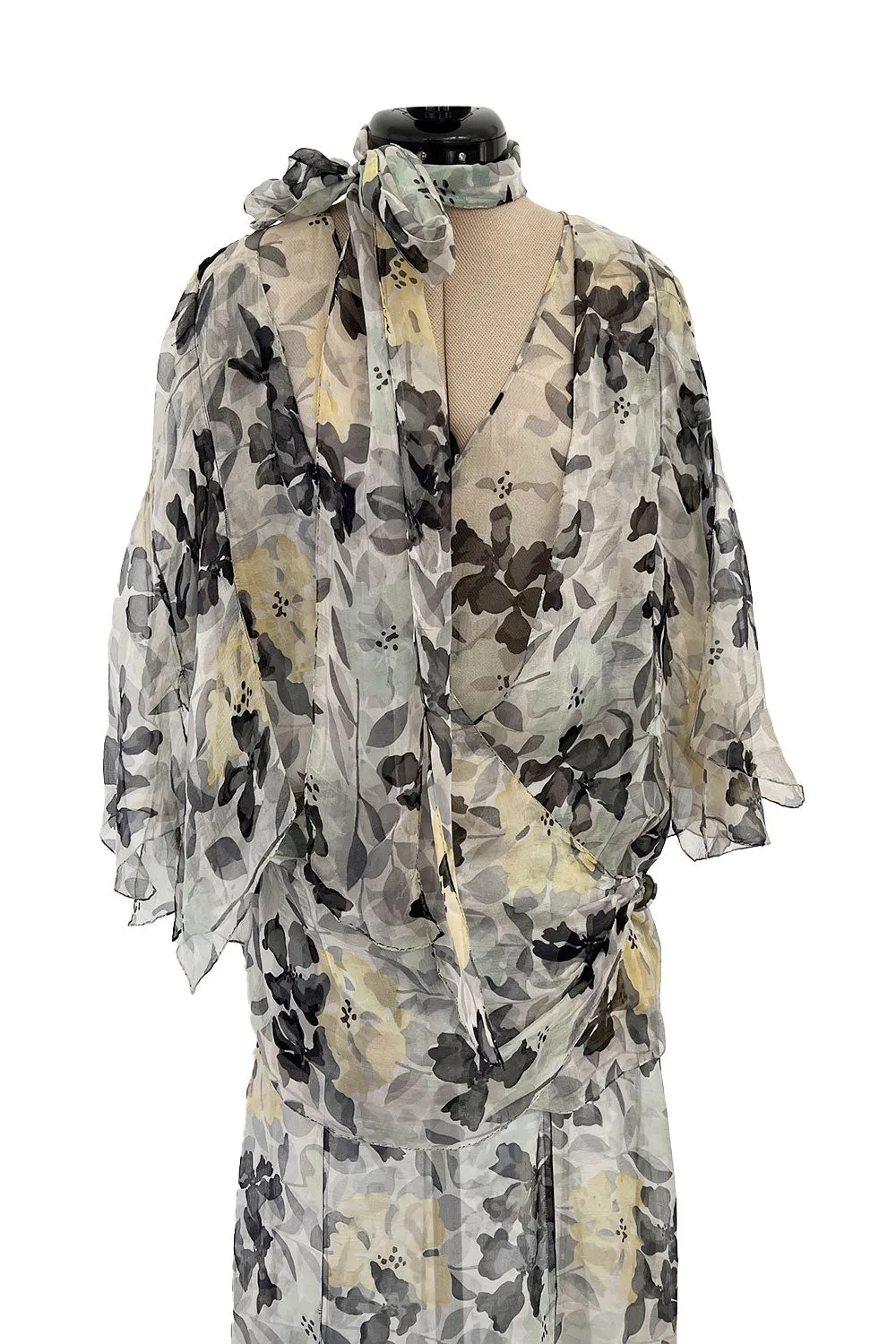 Dreamy 1920s Unlabeled Feather Light Floral Print Silk Chiffon Dress w Jacket