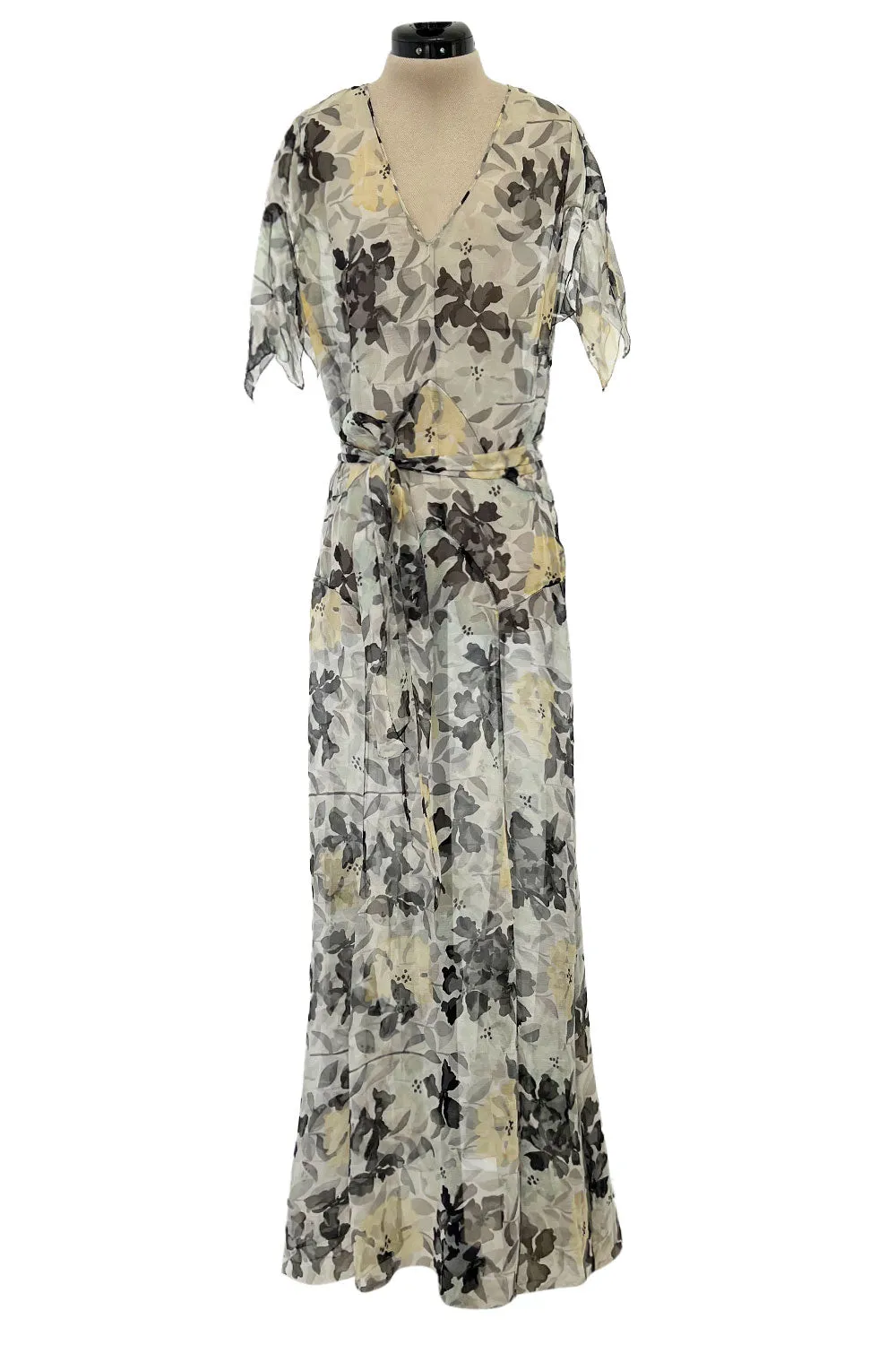 Dreamy 1920s Unlabeled Feather Light Floral Print Silk Chiffon Dress w Jacket