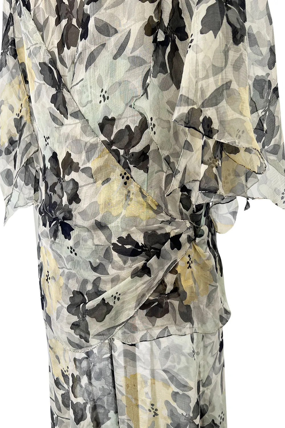 Dreamy 1920s Unlabeled Feather Light Floral Print Silk Chiffon Dress w Jacket
