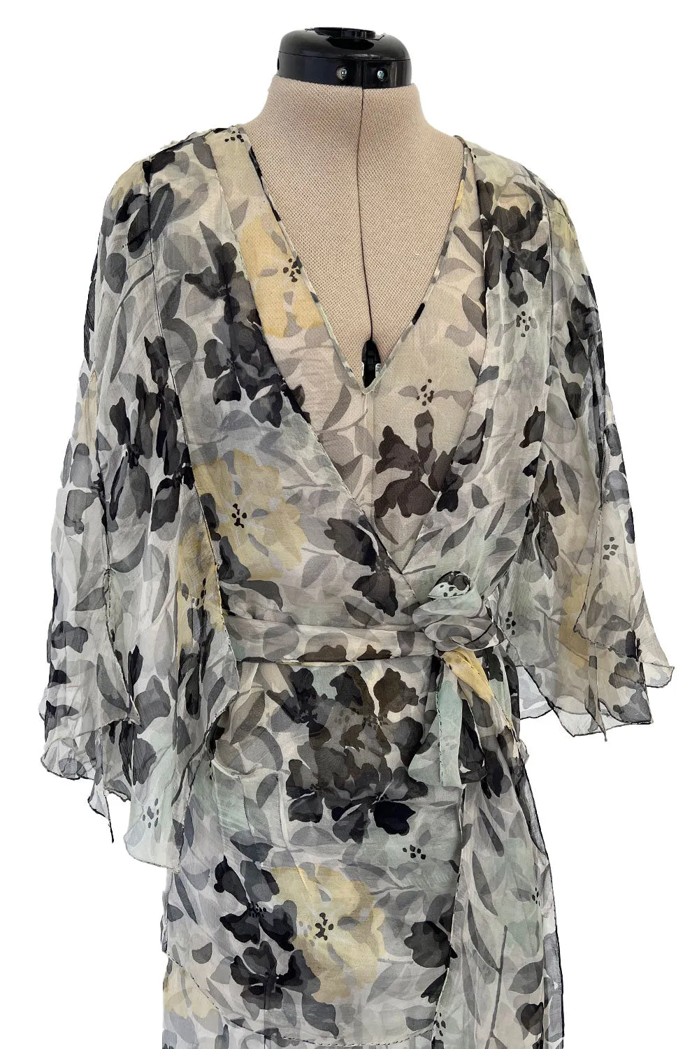 Dreamy 1920s Unlabeled Feather Light Floral Print Silk Chiffon Dress w Jacket