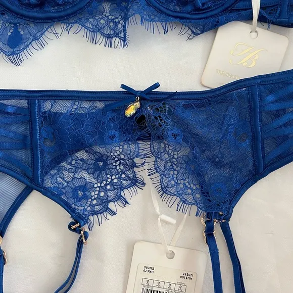 ELSIE Honey Birdie Cobalt Blue Lace Crystals Balconette Bra &amp; Garter Belt Sz 32A