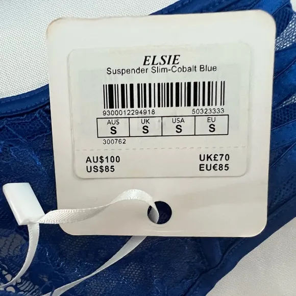ELSIE Honey Birdie Cobalt Blue Lace Crystals Balconette Bra &amp; Garter Belt Sz 32A