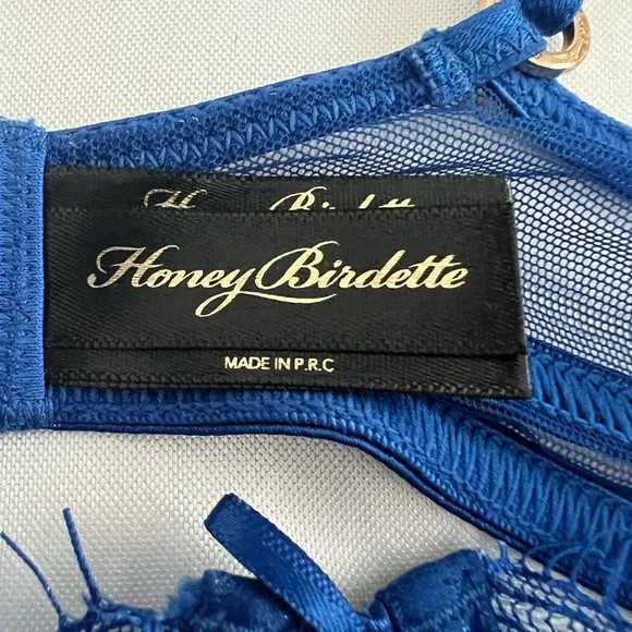ELSIE Honey Birdie Cobalt Blue Lace Crystals Balconette Bra &amp; Garter Belt Sz 32A