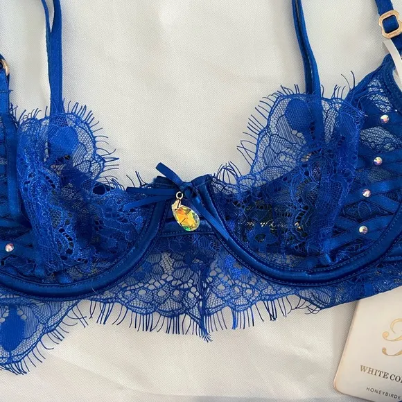ELSIE Honey Birdie Cobalt Blue Lace Crystals Balconette Bra &amp; Garter Belt Sz 32A