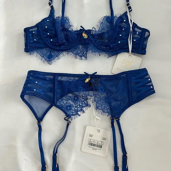 ELSIE Honey Birdie Cobalt Blue Lace Crystals Balconette Bra &amp; Garter Belt Sz 32A