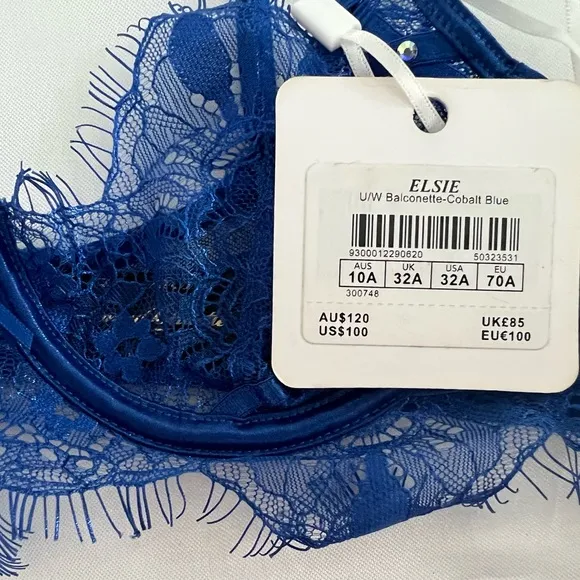 ELSIE Honey Birdie Cobalt Blue Lace Crystals Balconette Bra &amp; Garter Belt Sz 32A