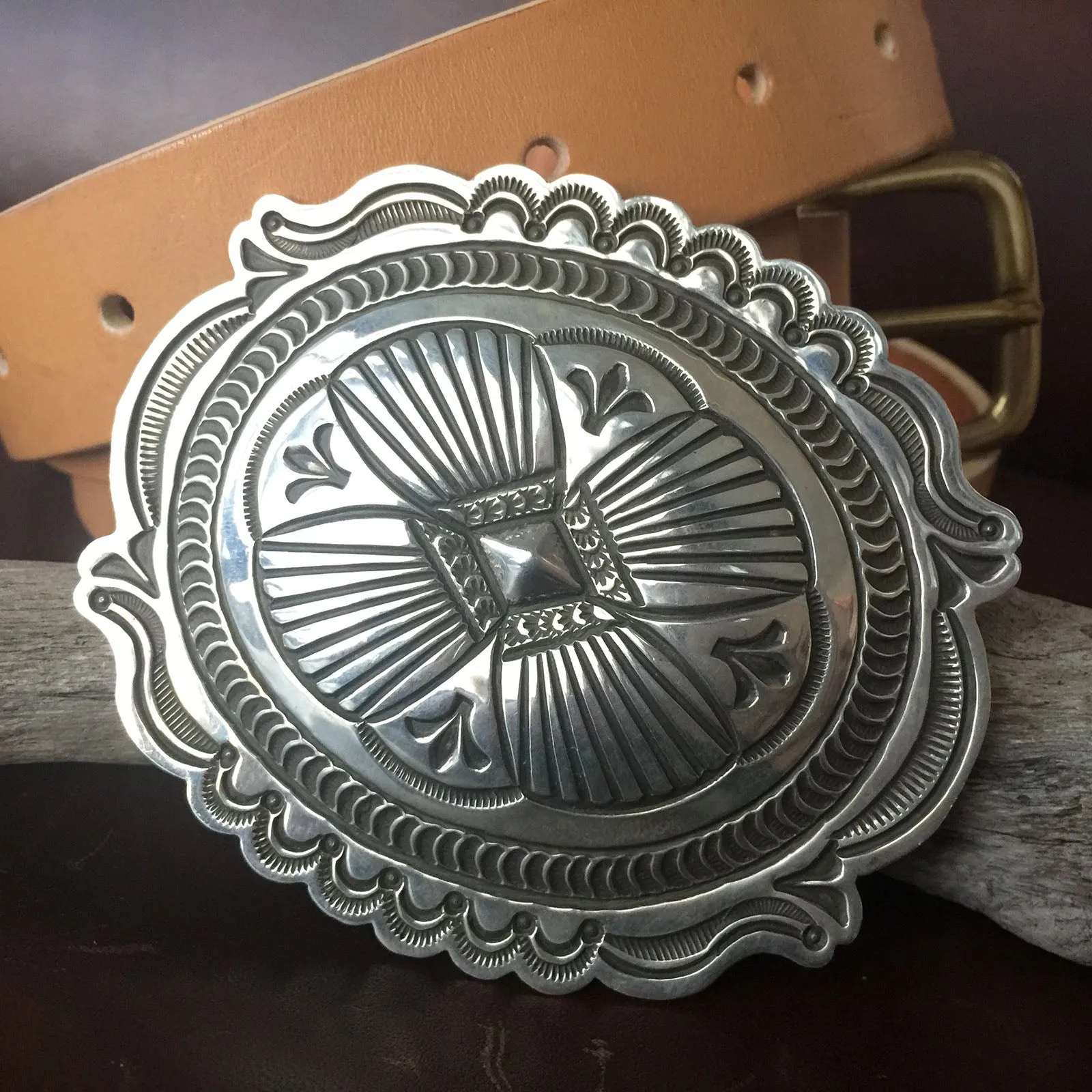For Men Extra Large Sterling Silver Navajo Stamped Sterling Silver Belt Buckle