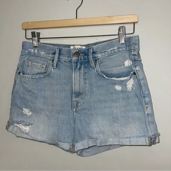FRAME Jean Shorts Women's Size 27 Light Blue Denim‎ Brigette Raw Hem Distressed