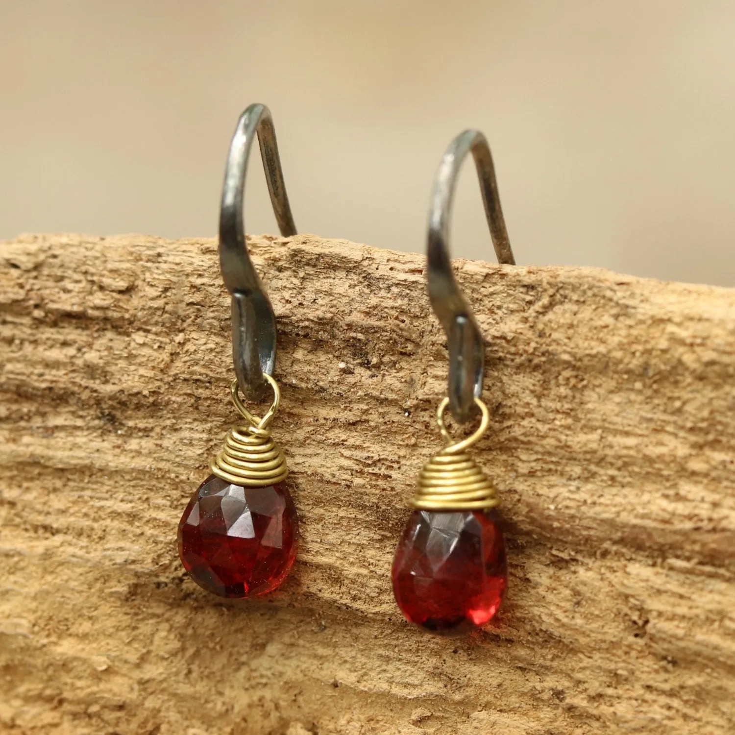 Garnet faceted drops earrings with oxidized sterling silver hooks