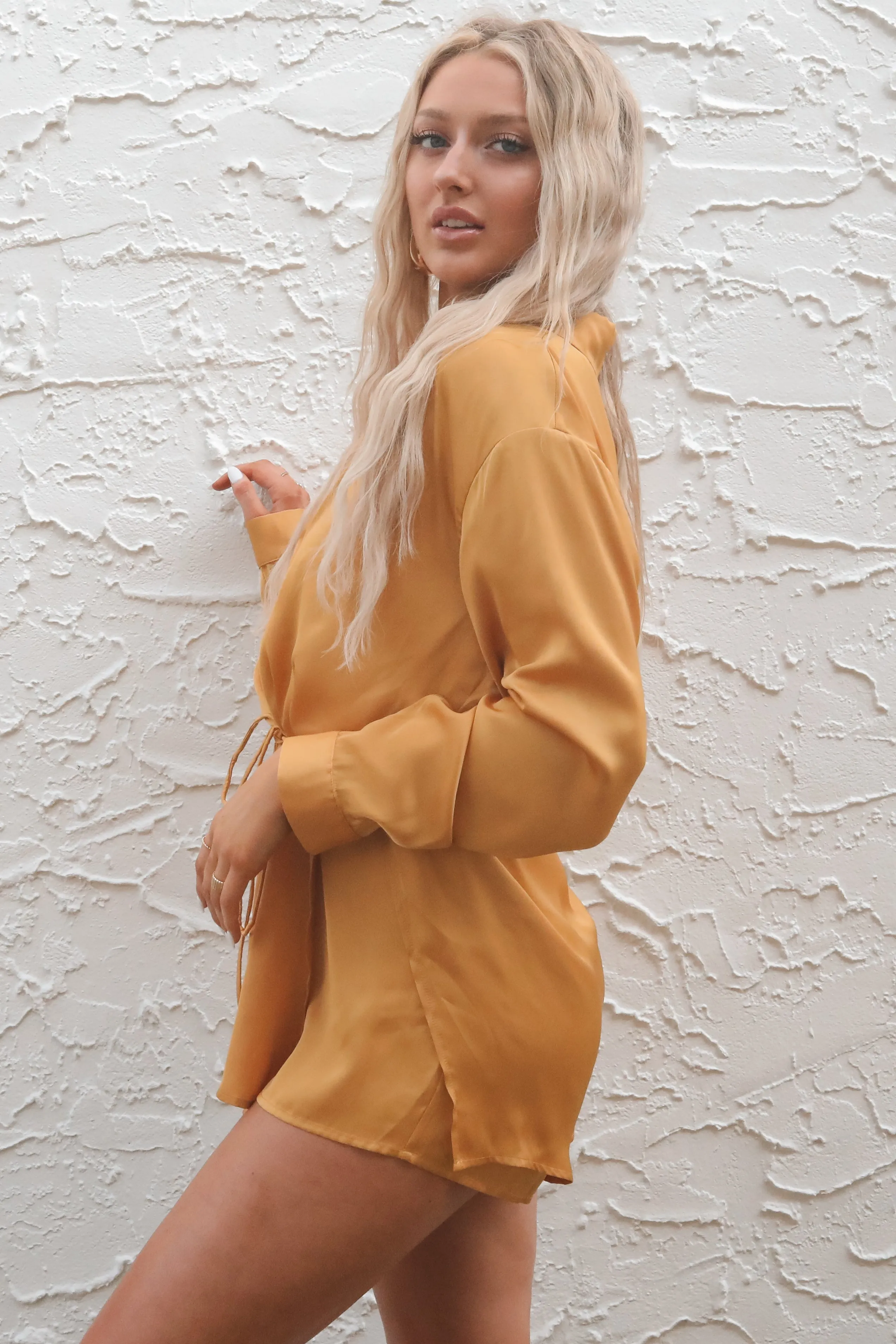 Giving Beverly Hills Satin Button Up Romper Dress
