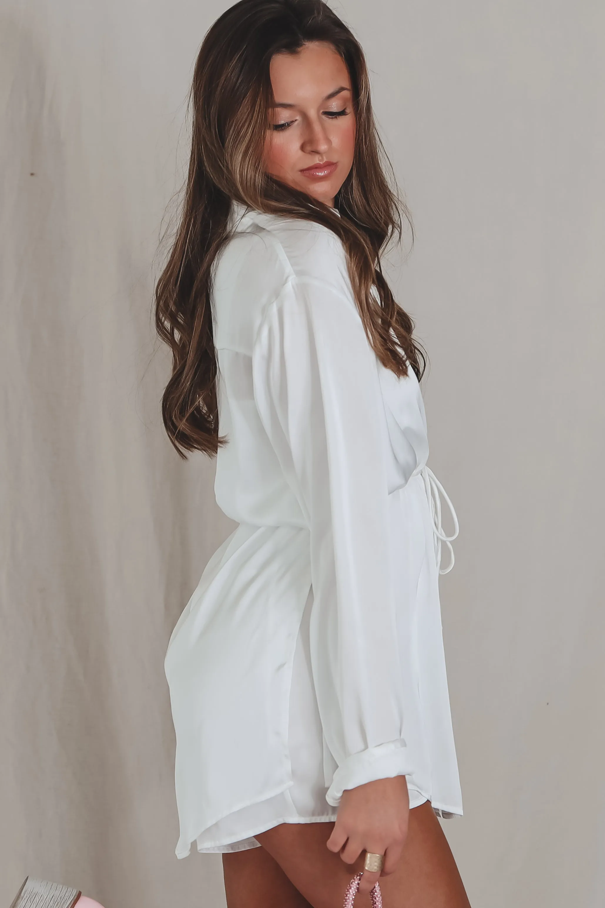 Giving Beverly Hills Satin Button Up Romper Dress