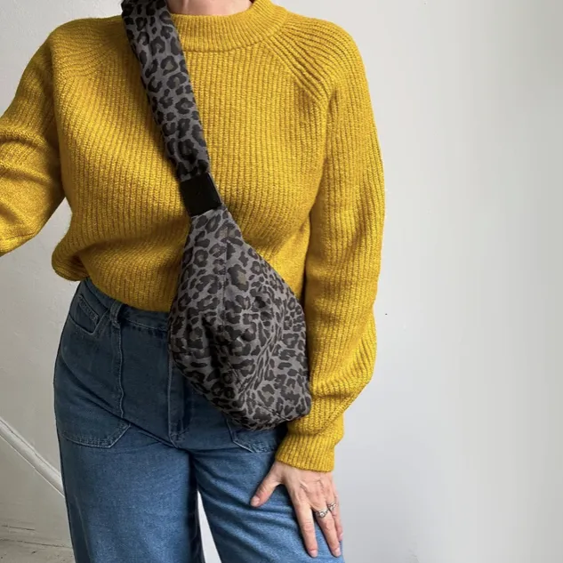 Grey Leopard Print Cotton Sling Bag - Regular