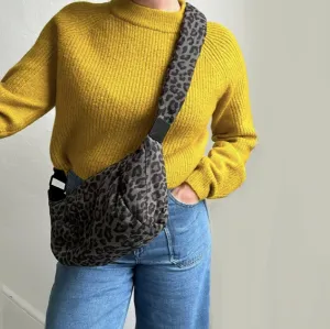 Grey Leopard Print Cotton Sling Bag - Regular