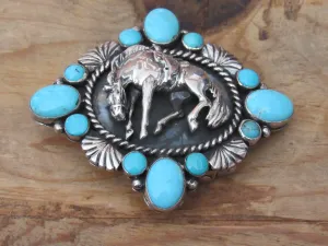 Handcrafted Authentic Navajo Sterling Silver Turquoise Horse Belt Buckle by Emer Thompson