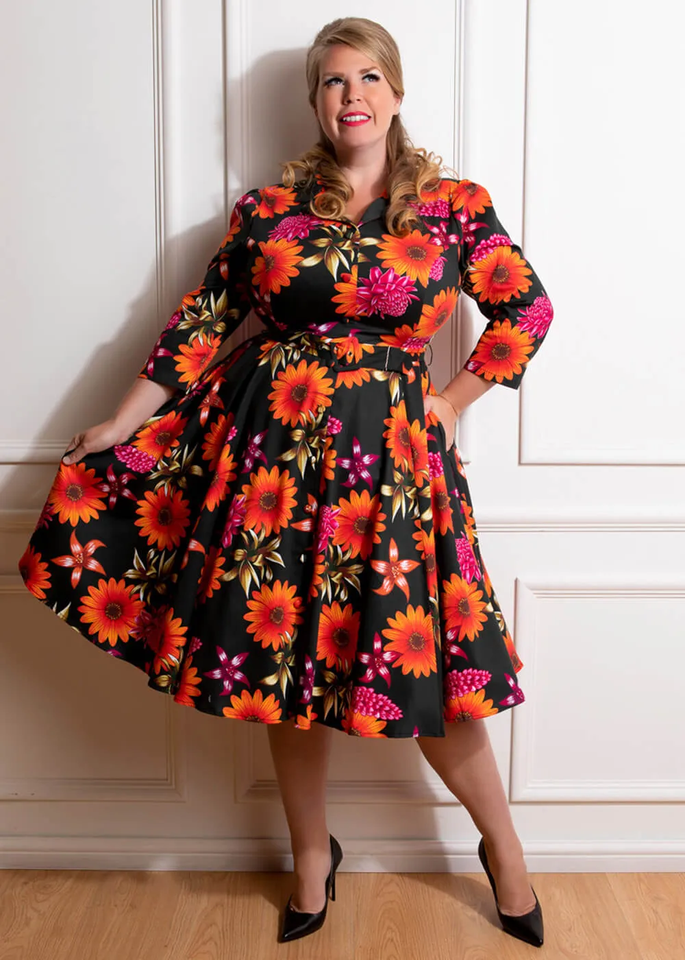 Hearts &amp; Roses Eden Floral 50's Swing Dress Black