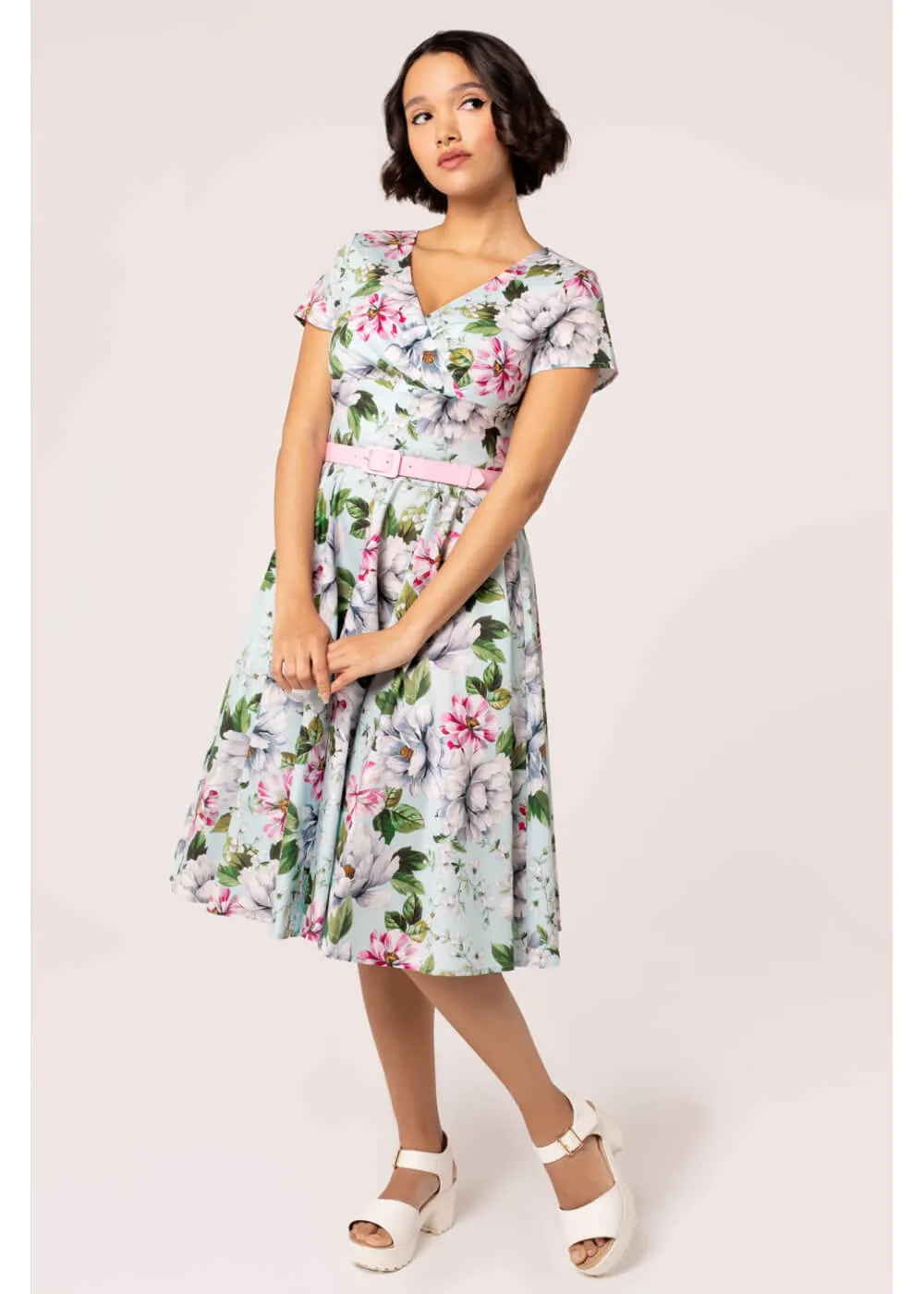 Hell Bunny Rina Floral 50's Swing Dress Blue