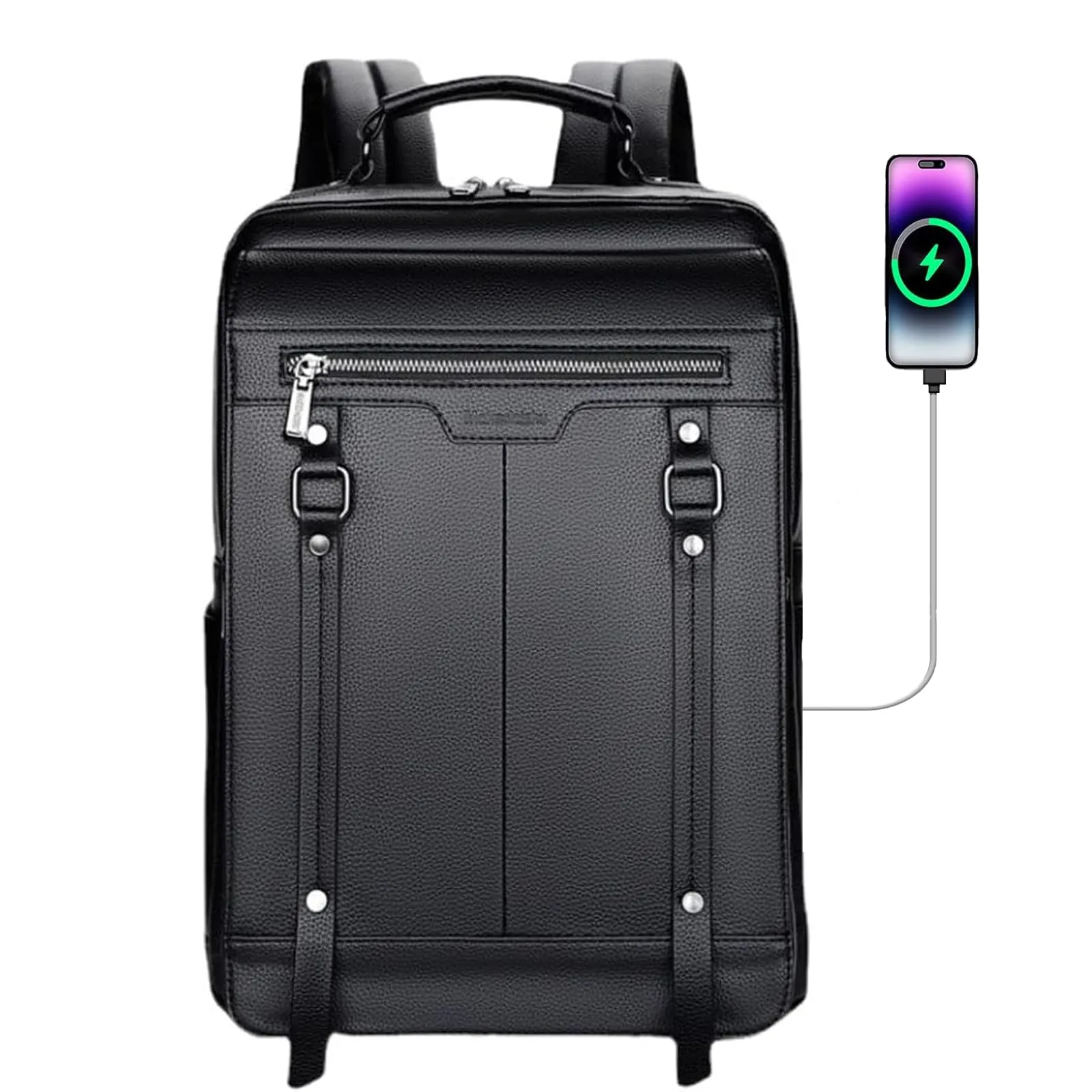 HKZHITOU Leather Laptop Backpack For Men, Business Laptop Smart Bag Fits 15.6 Inch Laptop with USB Charging Port,Medium Water Resistant Backpack for Work Office College