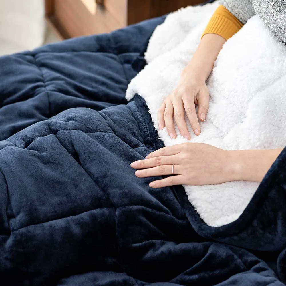 Improve your sleep with this Ultra Comfortable 15 Lb weighted Sherpa Queen Blanket! Great for stress & anxiety Relief! Navy!