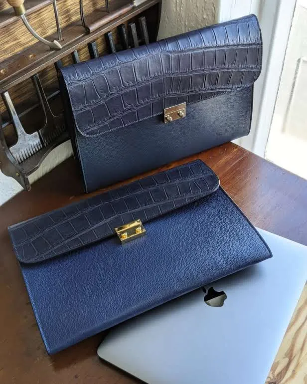 Laptop Case - Navy Blue Crocodile & Navy Blue Togo Leather