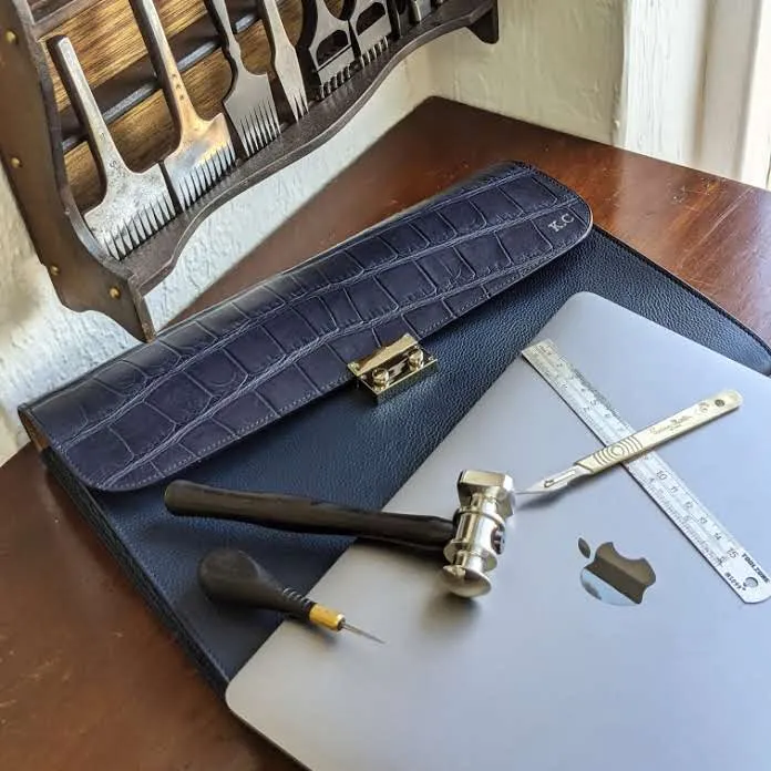 Laptop Case - Navy Blue Crocodile & Navy Blue Togo Leather
