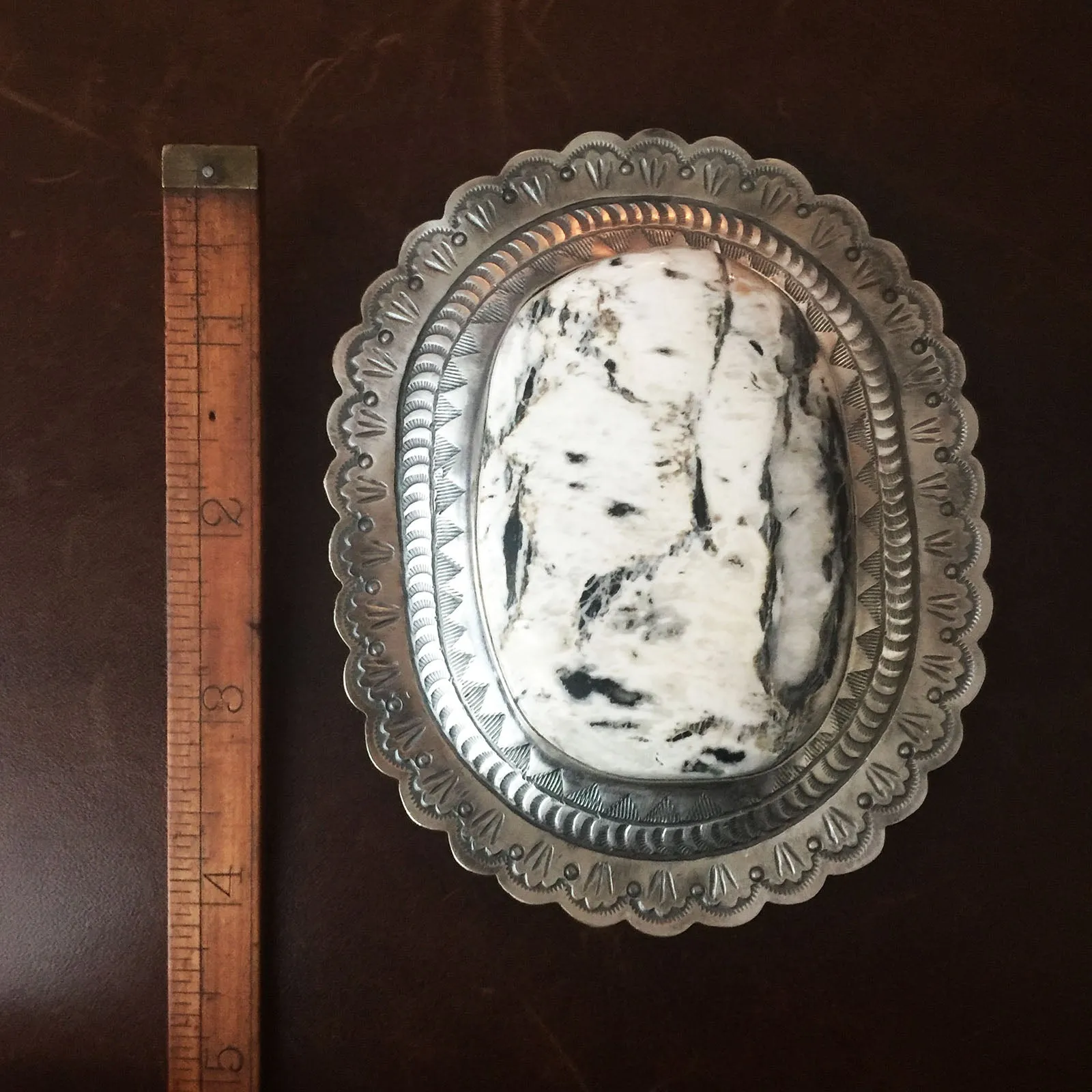 Large Statement 4.5 Inches White Buffalo Turquoise Concho Belt Buckle Signed