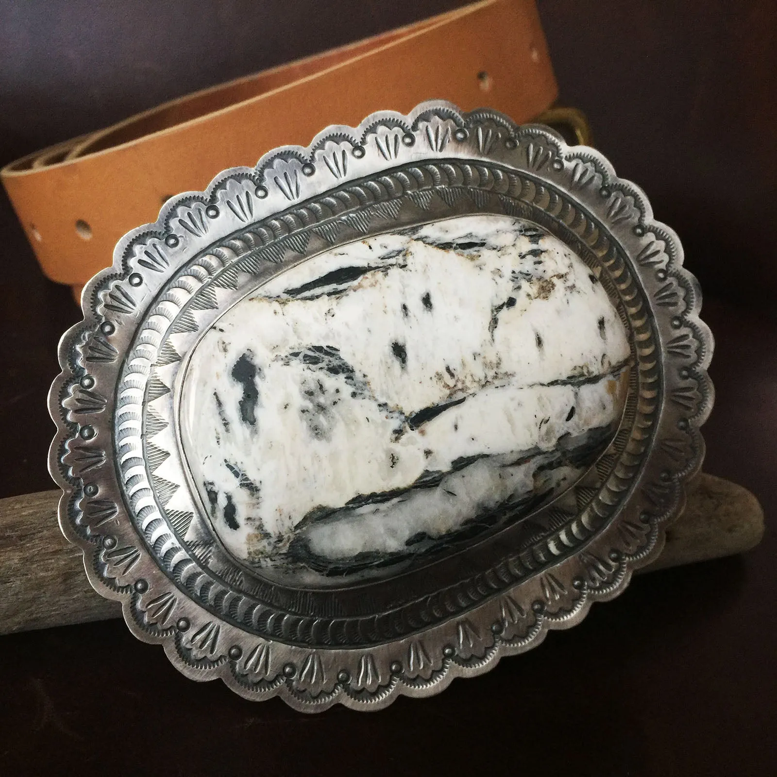 Large Statement 4.5 Inches White Buffalo Turquoise Concho Belt Buckle Signed