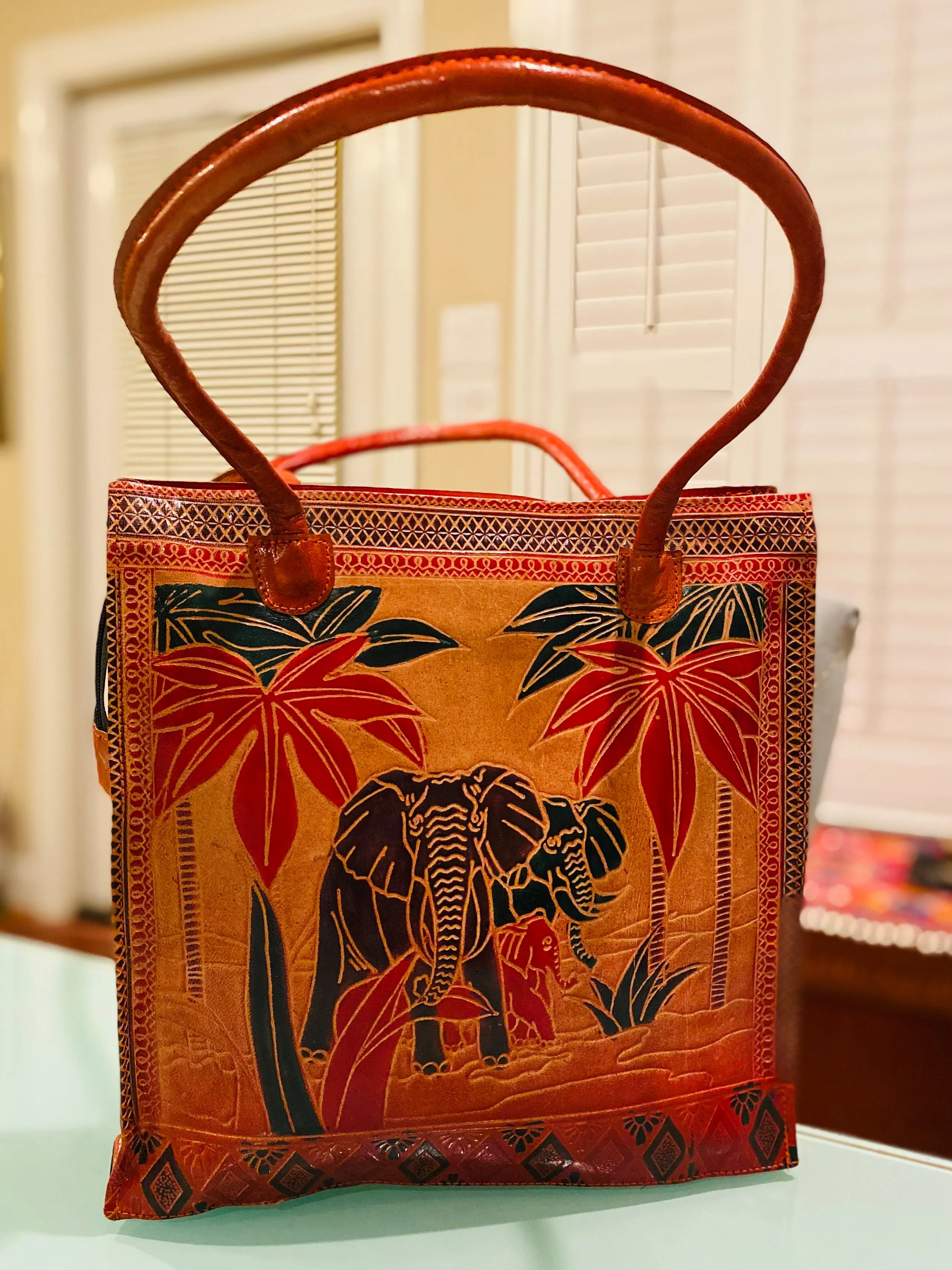 LEATHER PURSE elephant print with diamond border (Large)