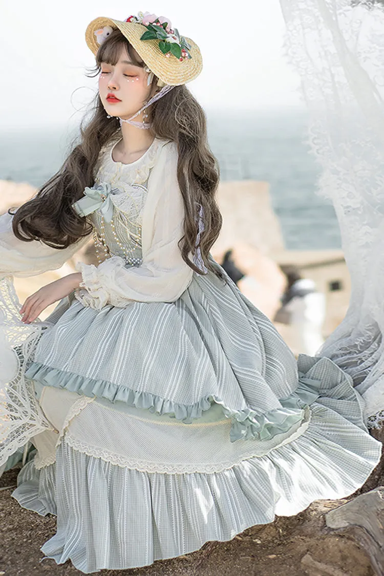 Light Blue Ribbed Chiffon Juniors Sweet Lolita JSK Dress (Belt & Chain are included)