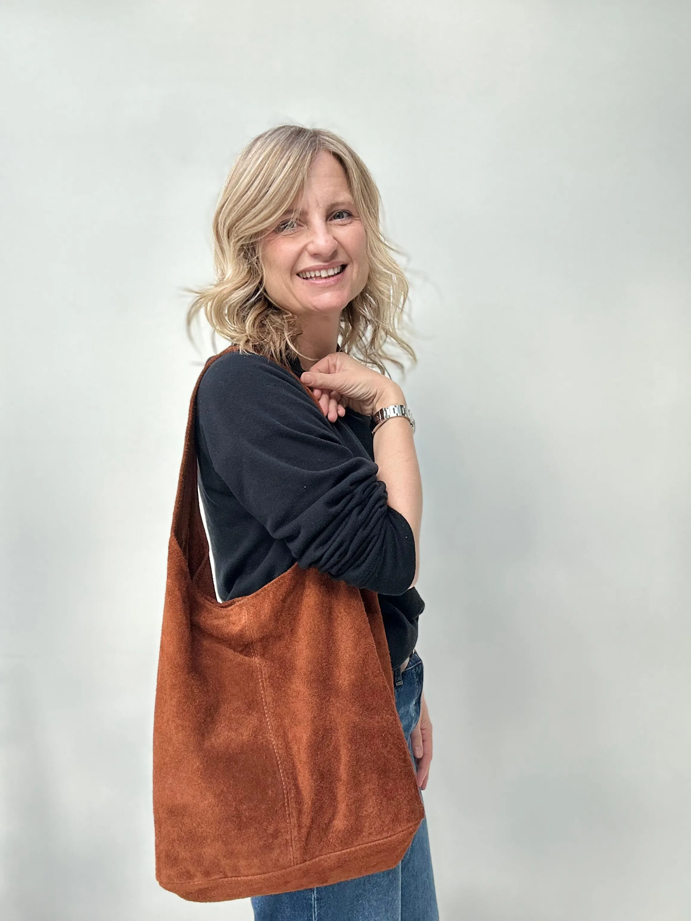 Light Chocolate Suede Slouchy Tote