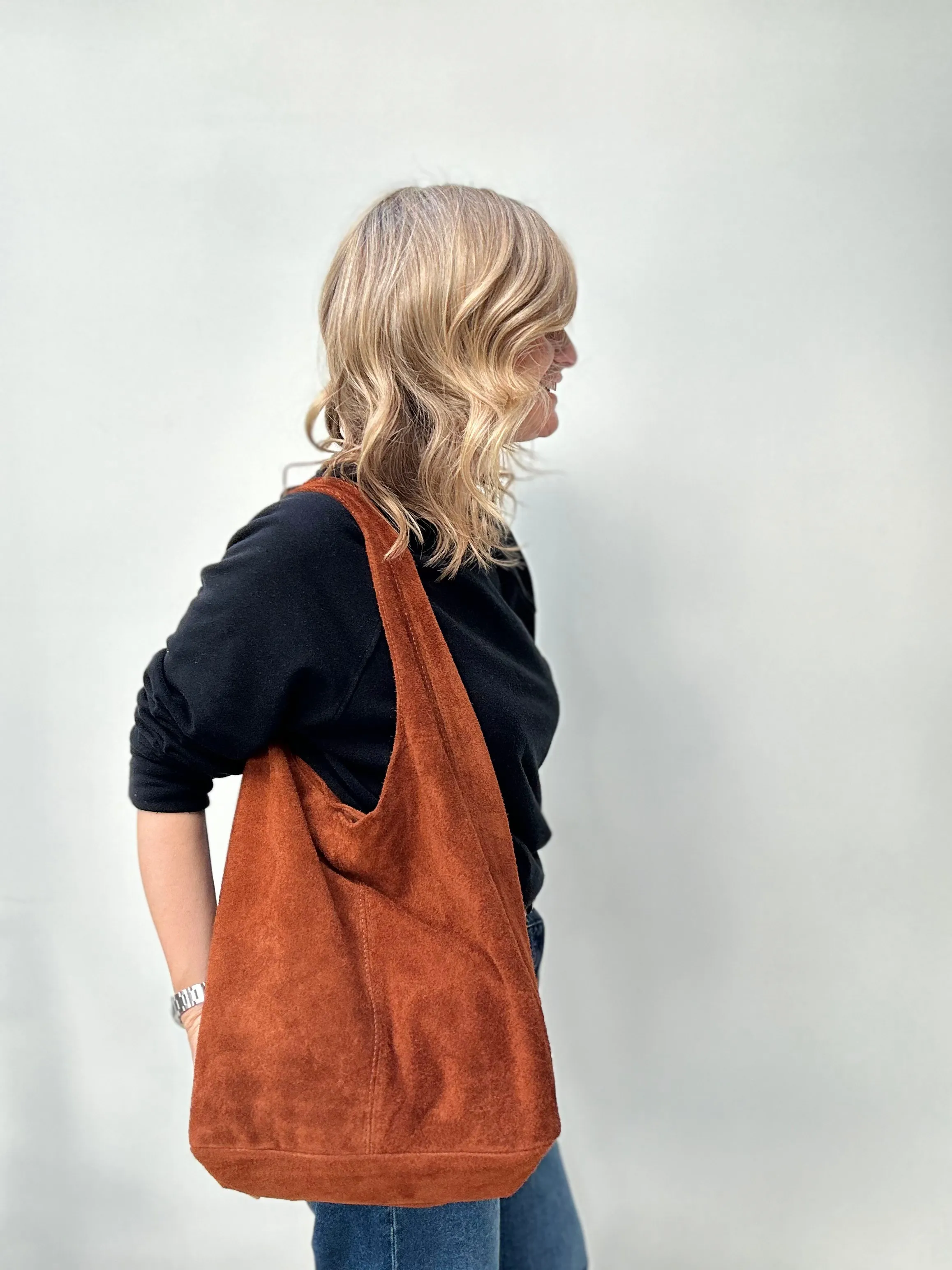 Light Chocolate Suede Slouchy Tote