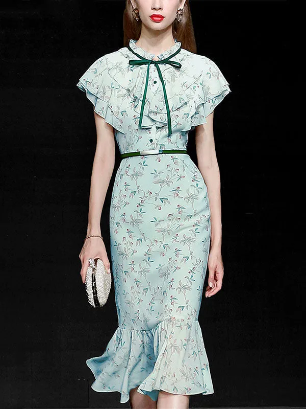 Light Green Butterfly Sleeve Ruffles Floral Vintage Mermaid Dress