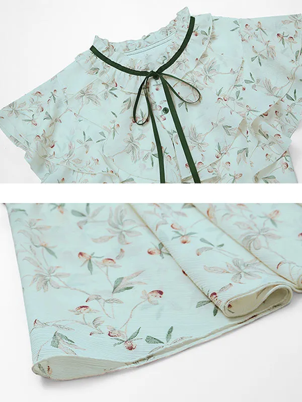 Light Green Butterfly Sleeve Ruffles Floral Vintage Mermaid Dress