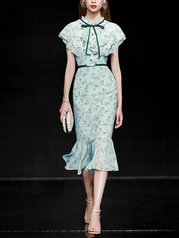 Light Green Butterfly Sleeve Ruffles Floral Vintage Mermaid Dress