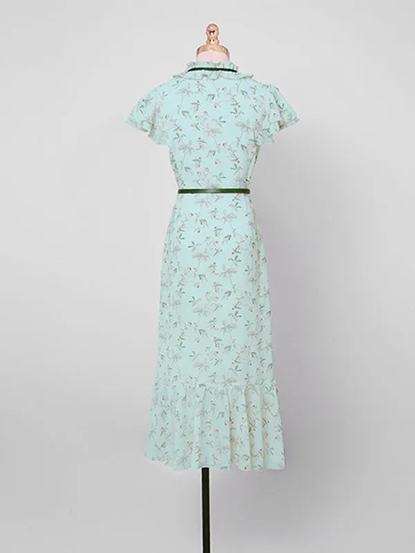 Light Green Butterfly Sleeve Ruffles Floral Vintage Mermaid Dress