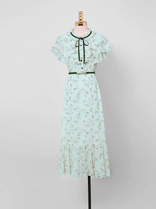 Light Green Butterfly Sleeve Ruffles Floral Vintage Mermaid Dress