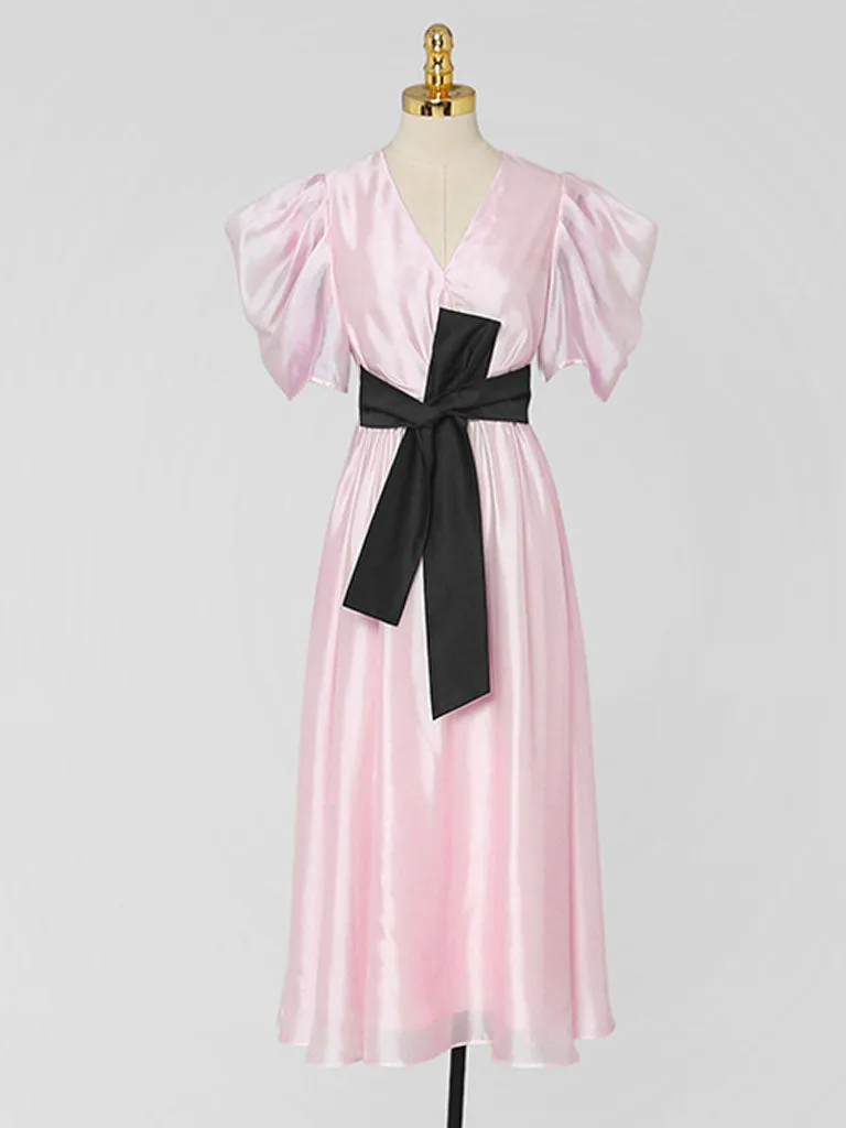 Light Pink V-neck Organza Fairy Dress With Black Belt