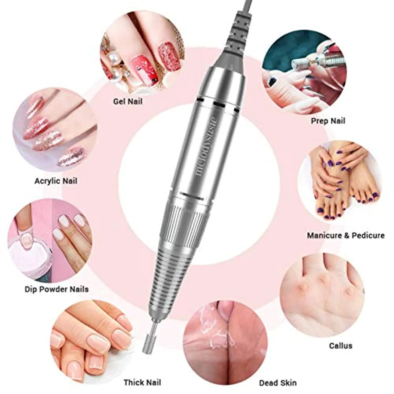 MelodySusie Professional Rechargeable 30000 rpm Nail Drill, Portable Electric E File Scamander, Acrylic Gel Grinder Tools with 6 Bits and Sanding Bands for Manicure Pedicure Shape Carve Polish (White)