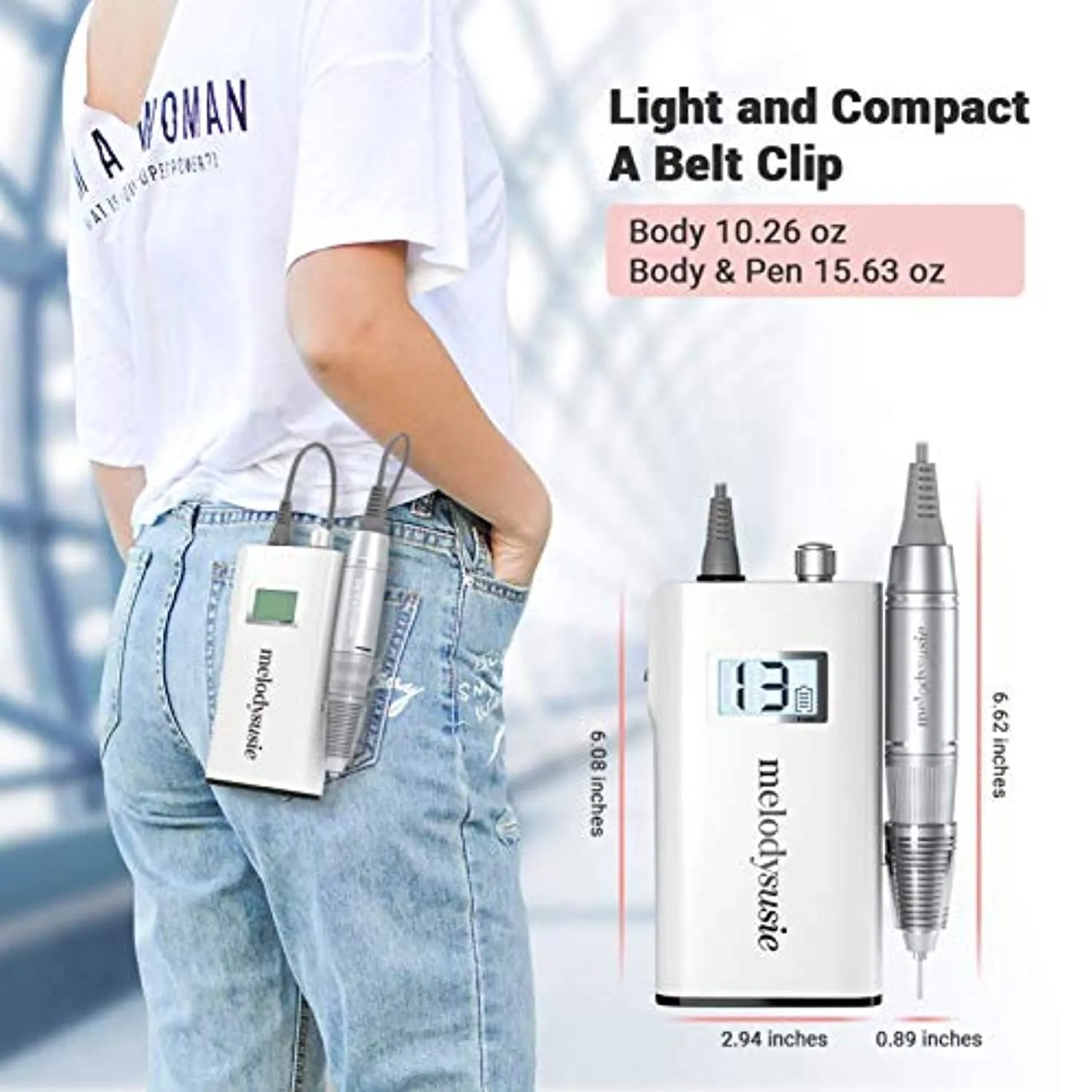 MelodySusie Professional Rechargeable 30000 rpm Nail Drill, Portable Electric E File Scamander, Acrylic Gel Grinder Tools with 6 Bits and Sanding Bands for Manicure Pedicure Shape Carve Polish (White)