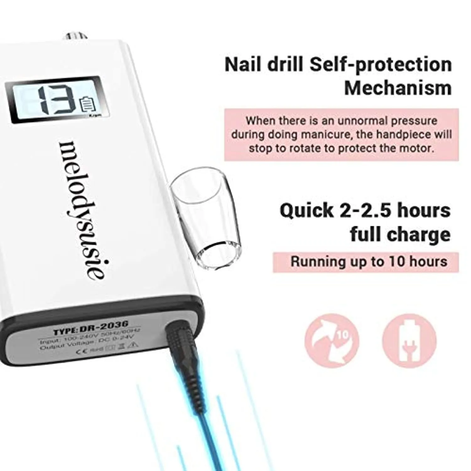 MelodySusie Professional Rechargeable 30000 rpm Nail Drill, Portable Electric E File Scamander, Acrylic Gel Grinder Tools with 6 Bits and Sanding Bands for Manicure Pedicure Shape Carve Polish (White)