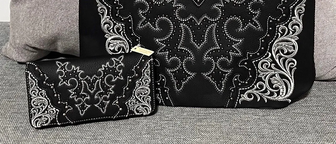 Montana West Boot Black Scroll Embroidered Collection Concealed Carry Tote