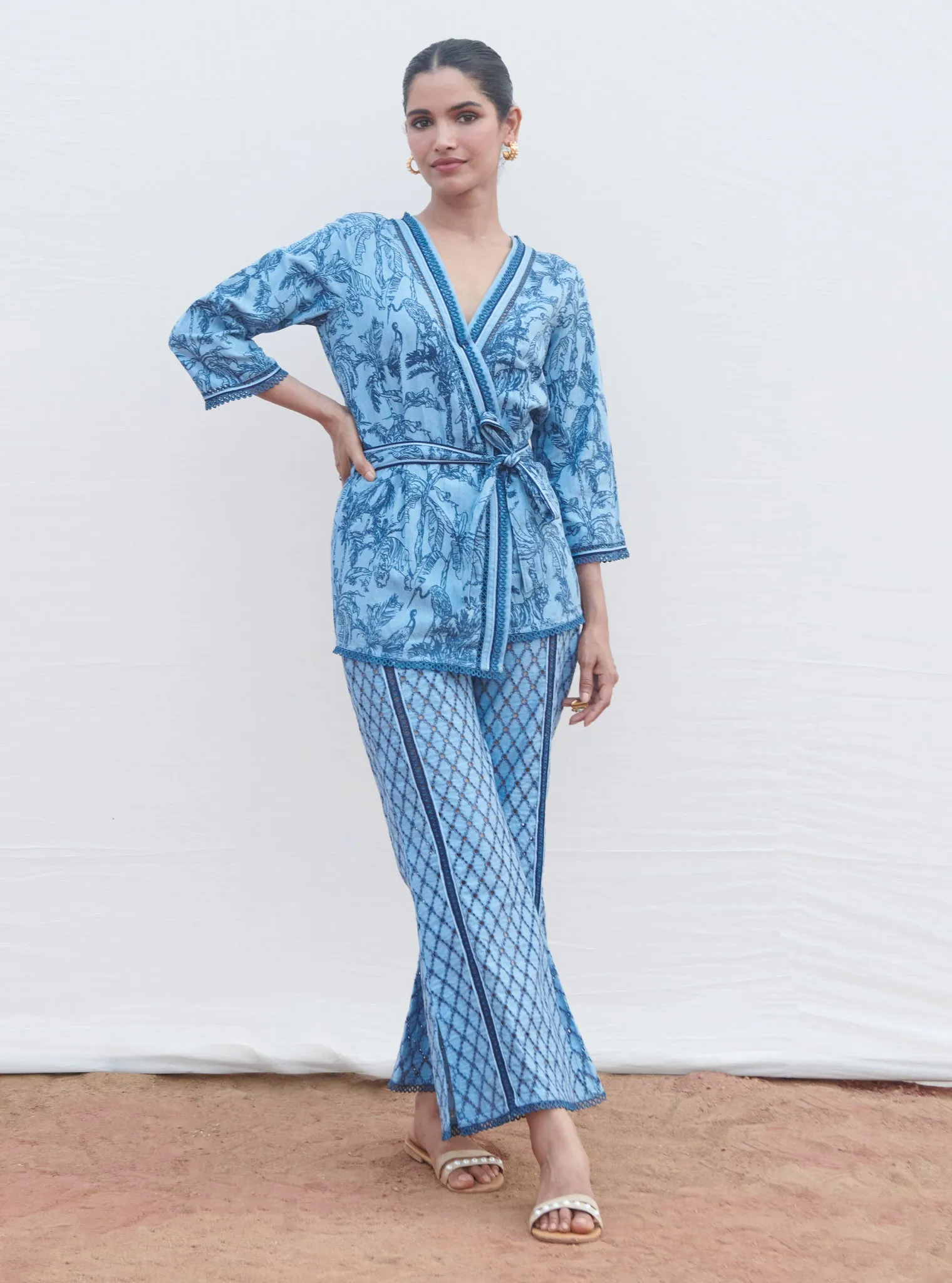 Mulmul Denim Attina Light Blue Kaftan With Attina Light Blue Pant