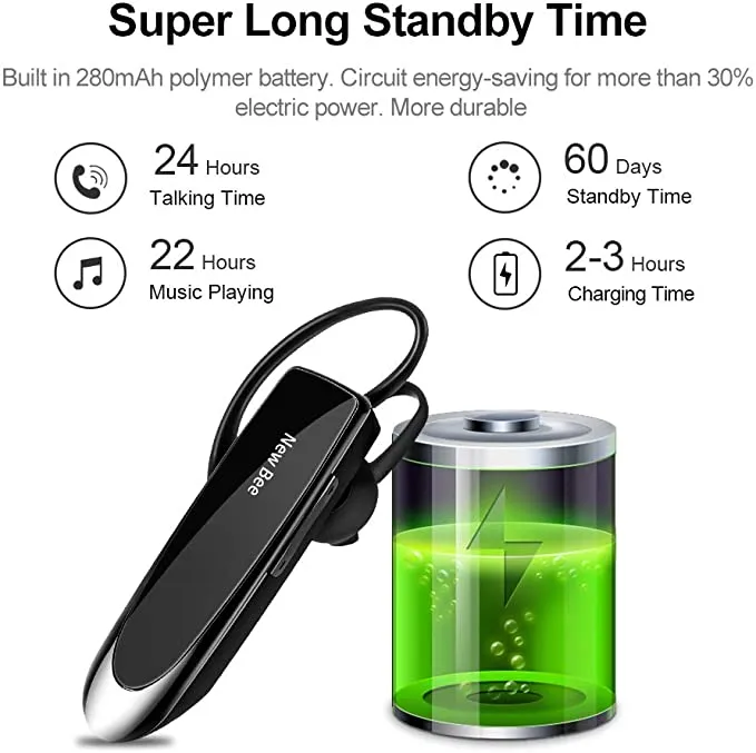 New in box! Bluetooth Headset New Bee 24Hrs V5.0 Bluetooth Earpiece Wireless Handsfree Driving Headset with Noise Canceling Mic Headset Case