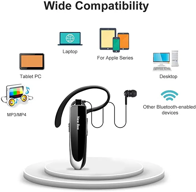 New in box! Bluetooth Headset New Bee 24Hrs V5.0 Bluetooth Earpiece Wireless Handsfree Driving Headset with Noise Canceling Mic Headset Case