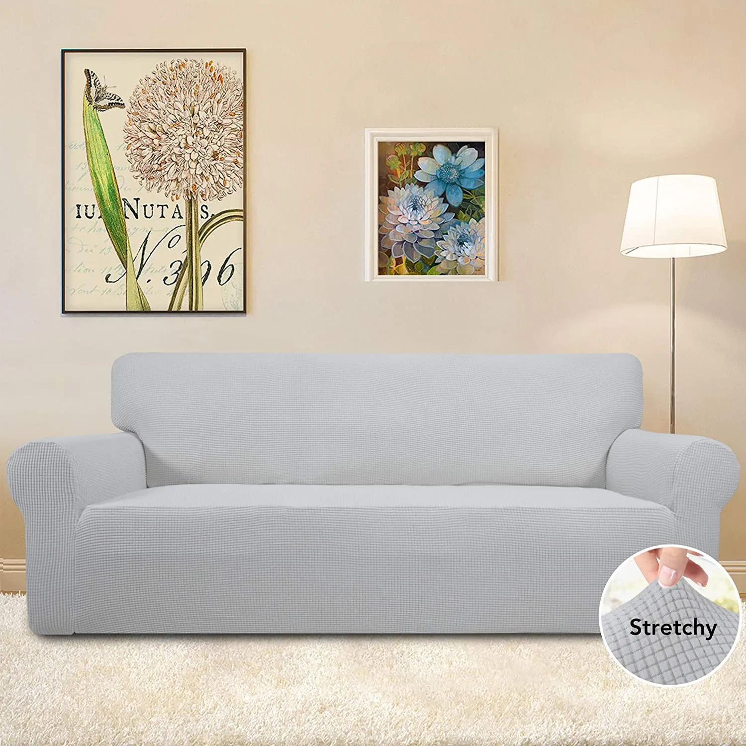New in package! Easy-Going Stretch 4 seater Sofa Slipcover 1-Piece, Spandex Jacquard Fabric Small Checks Silver Grey! Retails $85 