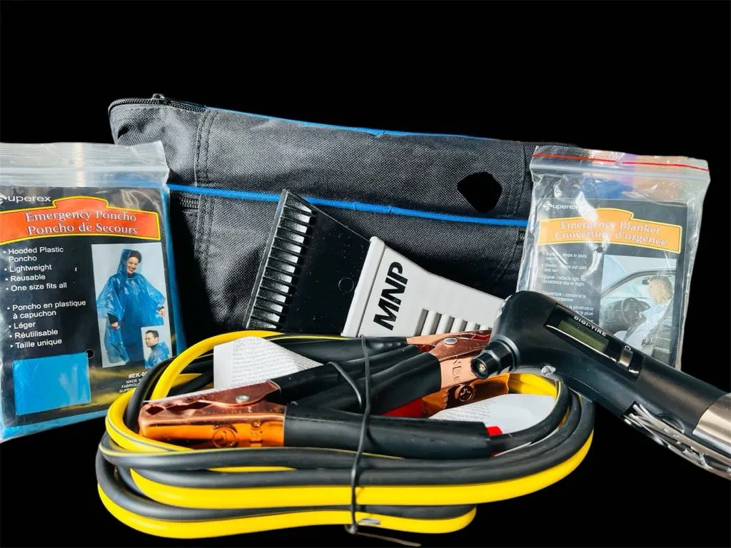 New Roadside emergency kit with tire gauge multi tool, booster cables & more in zippered carry bag!