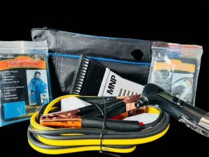 New Roadside emergency kit with tire gauge multi tool, booster cables & more in zippered carry bag!